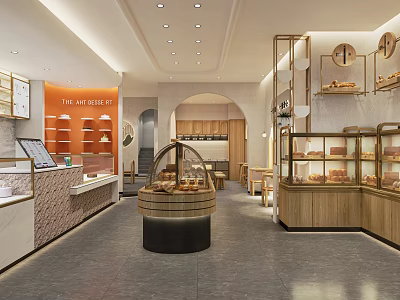 Cozy Dessert Shop Interior With Glass Display Cases Fresh Desserts Wooden Shelves And Warm Lighting 3d model