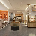 Cozy Dessert Shop Interior With Glass Display Cases Fresh Desserts Wooden Shelves And Warm Lighting