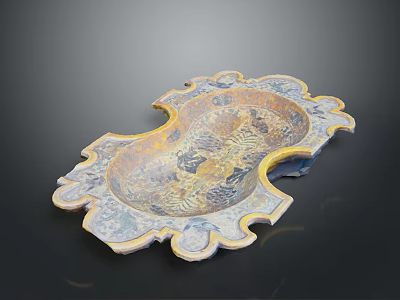 Ornate Ceramic Decorative Plate With Irregular Shape Blue Yellow Brown Traditional Patterns 3d model