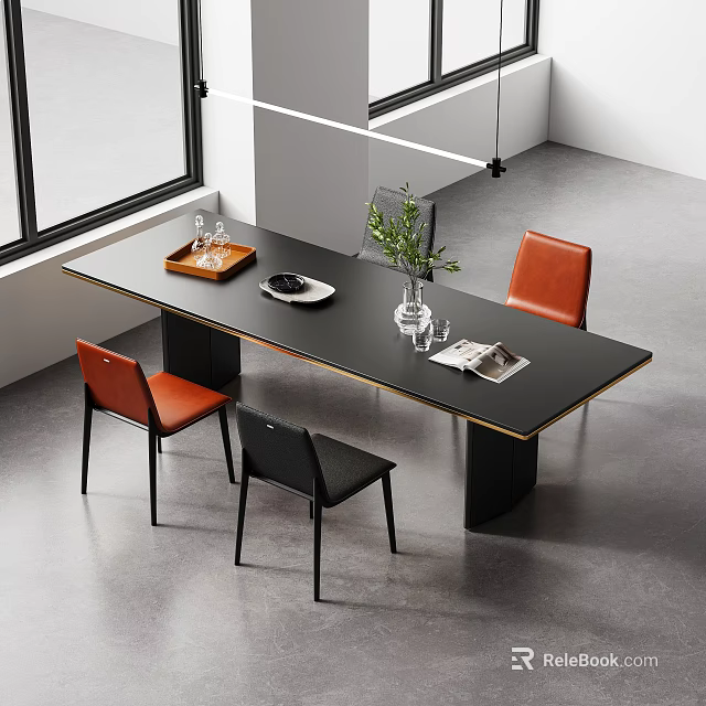 Modern Dining Table Set with Black Tabletop Orange Black Chairs Vase Wine Glasses and Magazine 3d model 