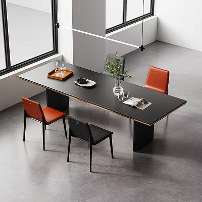 Modern Dining Table Set with Black Tabletop Orange Black Chairs Vase Wine Glasses and Magazine 3d model