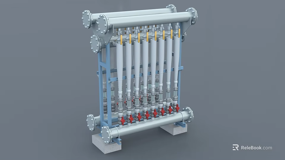 Industrial Filtration Equipment With Multiple Filter Elements Metal Frame And Piping Connections 3d model 