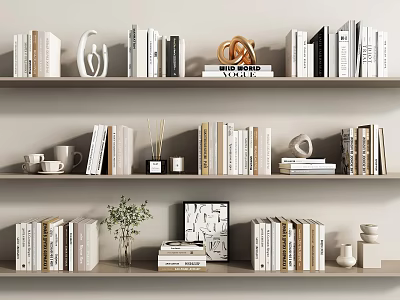 Stylish Bookshelves Displaying Books Magazines And Decorative Items With Green Plant Picture Frame Coffee Mugs 3d model