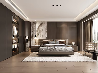Modern Bedroom Interior With Wooden Walls Recessed Lighting Large Bed Bedside Tables And Soft Rug 3d model