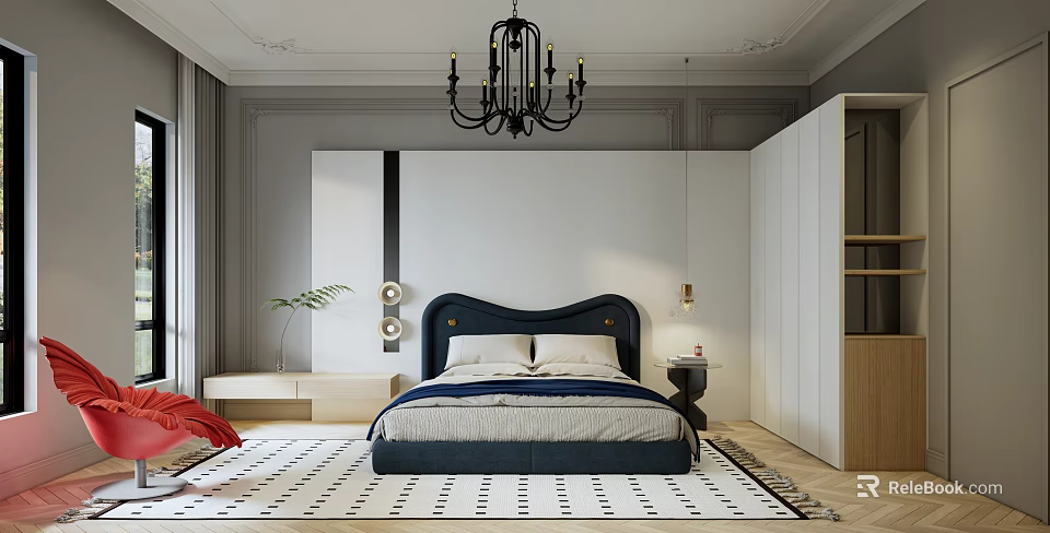 Modern Bedroom Interior With Blue Bed Black Chandelier Geometric Rug And Wooden Nightstand 3d model 