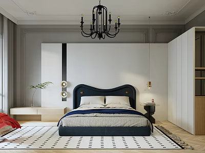 Modern Bedroom Interior With Blue Bed Black Chandelier Geometric Rug And Wooden Nightstand 3d model