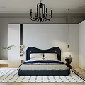 Modern Bedroom Interior With Blue Bed Black Chandelier Geometric Rug And Wooden Nightstand