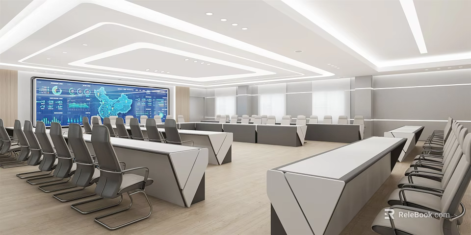 Modern Monitoring Room Interior With Large Digital Screen Control Desks And Ergonomic Chairs 3d model 