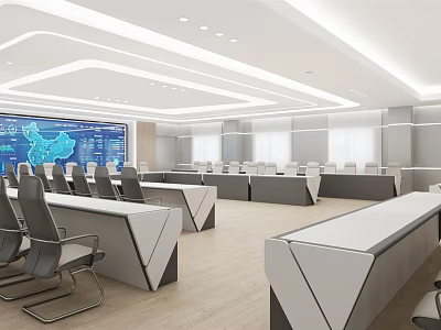 Modern Monitoring Room Interior With Large Digital Screen Control Desks And Ergonomic Chairs 3d model