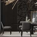 Modern Oval Wooden Dining Table Set With Gray Upholstered Chairs Decorative Items And Chandelier