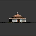 Cartoon Scene Of Small Two Story House With Red Tile Roof Grass Field And Pathway