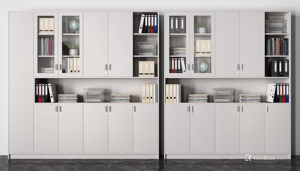Modern White Bookcase With Glass Doors Books Folders Globe And Potted Plant 3d model 