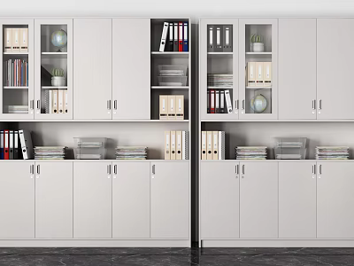 Modern White Bookcase With Glass Doors Books Folders Globe And Potted Plant 3d model