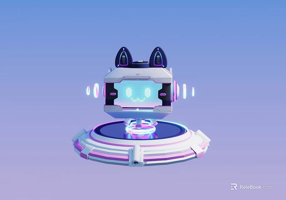 Futuristic Style Doll With Black Ears White Body Blue Screen Purple Accents And Floating Base 3d model 