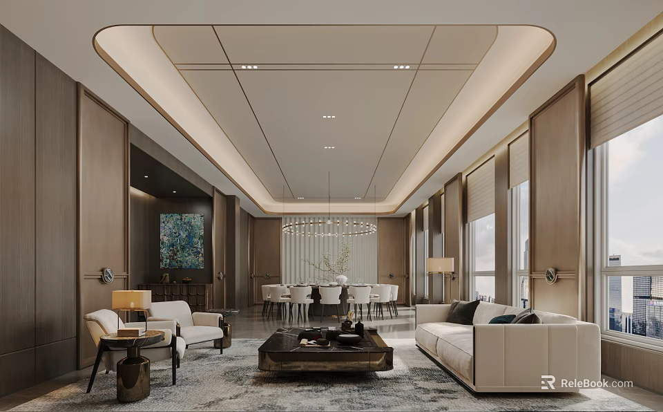Modern Luxury Private Room With Sofa Dining Table And Artwork 3d model 