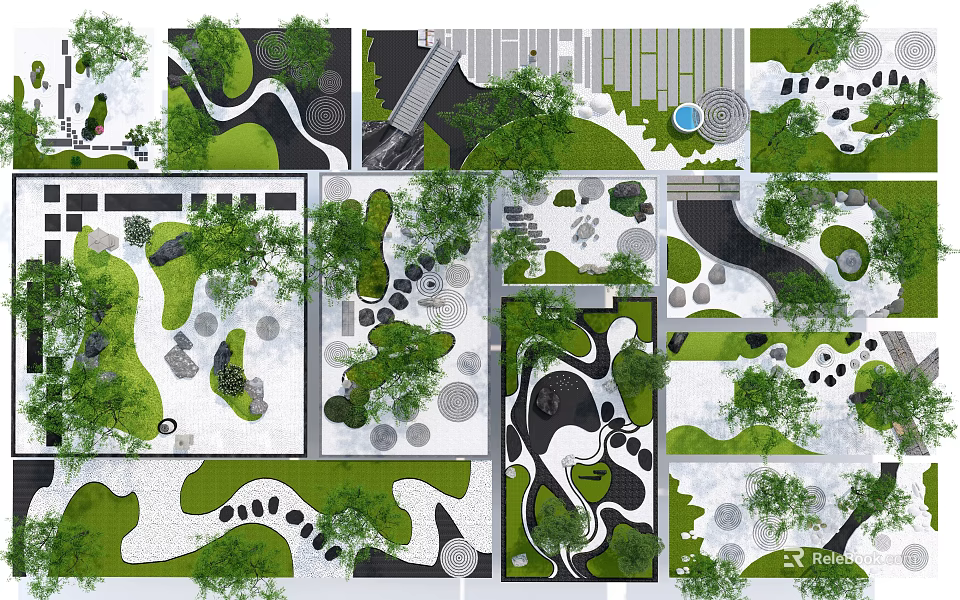 Traditional Karesansui Garden Design Layouts with Stones Gravel Moss and Plants 3d model 
