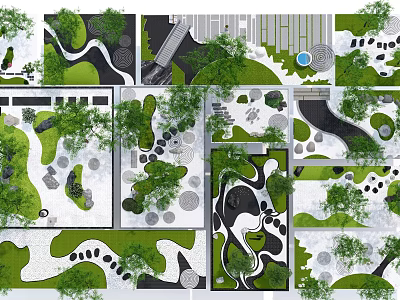 Traditional Karesansui Garden Design Layouts with Stones Gravel Moss and Plants 3d model