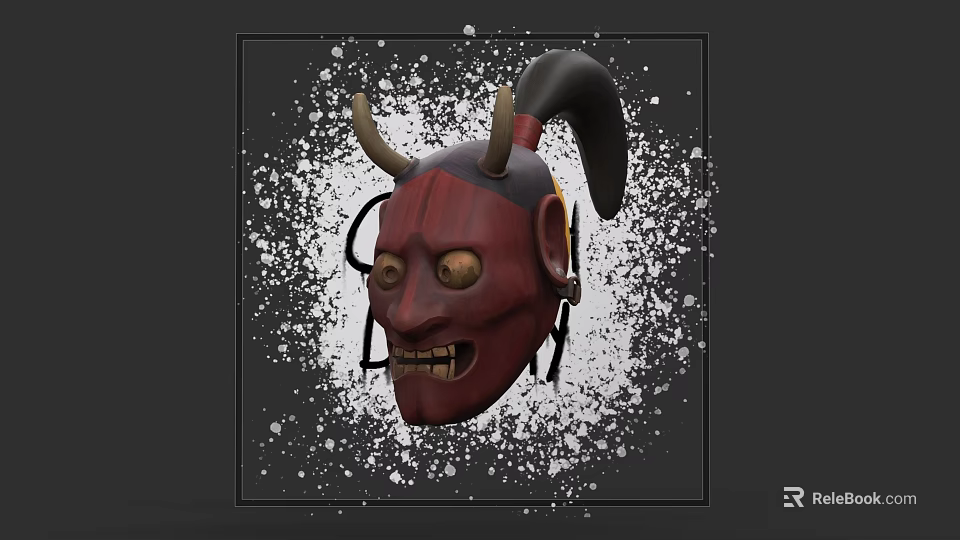 Red Demon Mask With Black Horns Yellow Eyes And Sharp Teeth Surrounded By White Splatters 3d model 