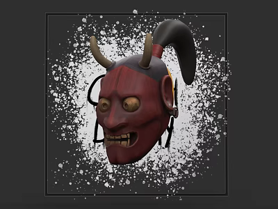 Red Demon Mask With Black Horns Yellow Eyes And Sharp Teeth Surrounded By White Splatters 3d model