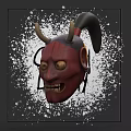 Red Demon Mask With Black Horns Yellow Eyes And Sharp Teeth Surrounded By White Splatters