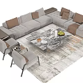 Modern Light Gray L-shaped Sofa With Brown Pillows And Marble Coffee Table On Patterned Rug 3d model