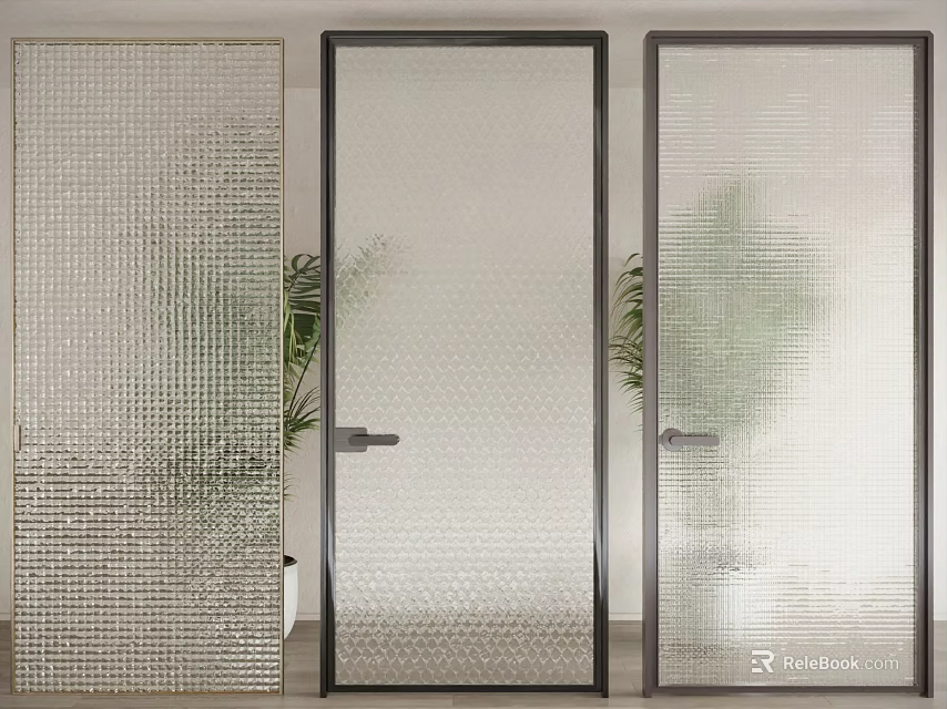 Modern Hinged Doors With Textured Glass And Black Frames In Interior Design 3d model