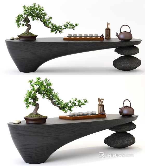Modern Coffee Table With Bonsai Tree Teapot Tea Cups And Stacked Stone Base 3d model 