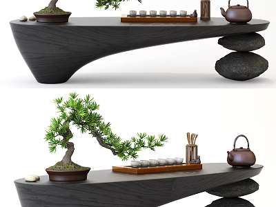 Modern Coffee Table With Bonsai Tree Teapot Tea Cups And Stacked Stone Base 3d model