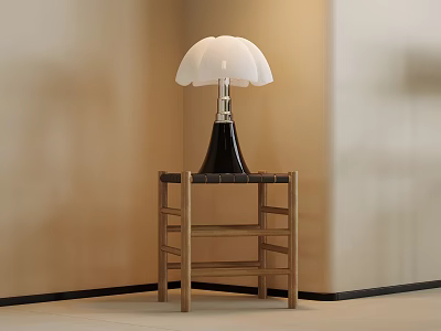 Minimalist Wooden Side Table With Ladder Style Design Black Base And White Umbrella Shaped Lampshade 3d model