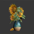 Teal And Brown Vase With Sunflowers And Fallen Petals On Gray Background