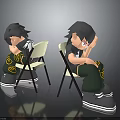 Two 3D Cartoon Characters Sitting On White Folding Chairs With Green Pants And Black Shirts