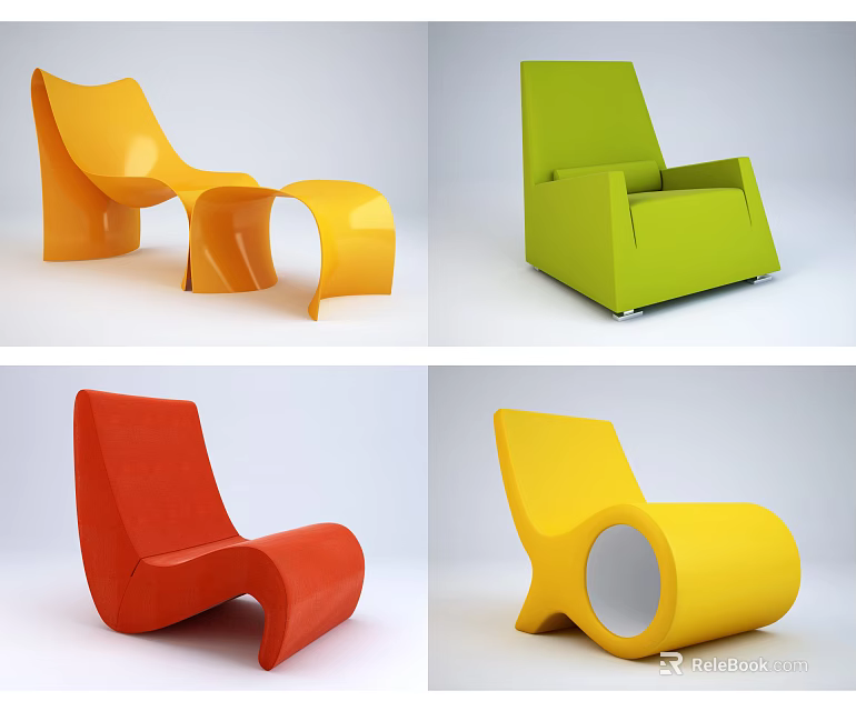 Modern Leisure Chairs Featuring Vibrant Orange Green Red Yellow Colors And Unique Stylish Shapes 3d model 