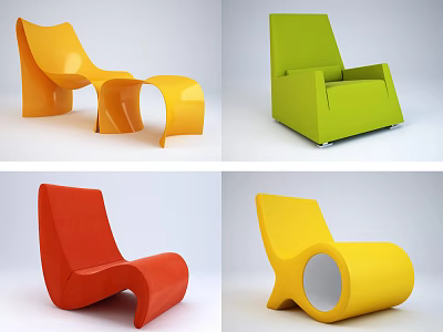 Modern Leisure Chairs Featuring Vibrant Orange Green Red Yellow Colors And Unique Stylish Shapes 3d model