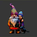 Woman Standing with Large Gnome Small Gnome and Blue Puppy in Gray Background