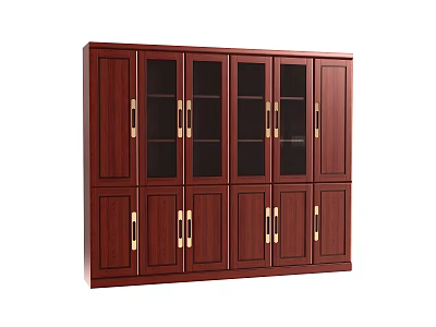 Dark Red Wooden Bookcase With Glass And Solid Wood Doors And Brass Handles 3d model