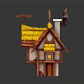 Whimsical Cartoon Cottage Featuring Yellow Straw Roof Orange Frame And White Walls With Arched Windows