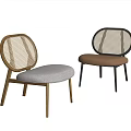 Modern Dining Chairs With Rattan Backrest Wooden And Black Frames Light Gray And Brown Cushions