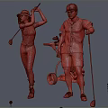Two People Playing Golf On Course With Cart And Balls 3d model
