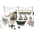 Scenic Camping Site With Multiple Tents Awnings Tables Chairs And String Lights