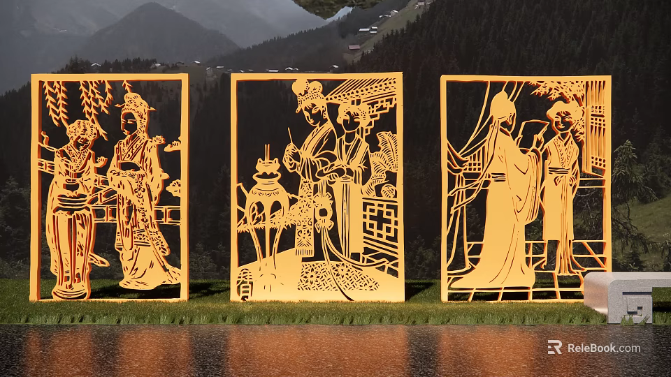 Garden Landscape With Golden Carved Screens Ancient Figures And Mountain Background 3d model 