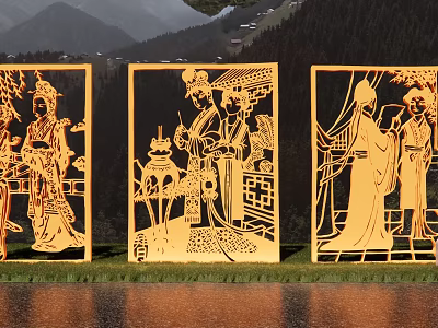 Garden Landscape With Golden Carved Screens Ancient Figures And Mountain Background 3d model