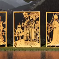 Garden Landscape With Golden Carved Screens Ancient Figures And Mountain Background