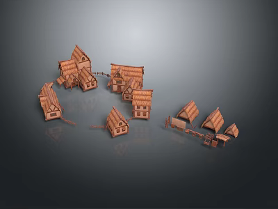 Multiple Wooden Houses Model With Various Roof Styles And Fence Details 3d model