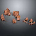 Multiple Wooden Houses Model With Various Roof Styles And Fence Details