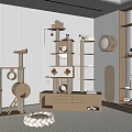 Indoor Modern Minimalist Cat Tree Beige Light Wood Multi tiered Shelves Round Holes Hanging Toys