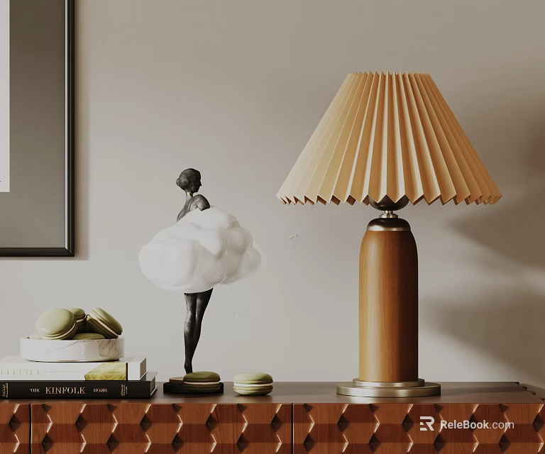 Table Lamp With Beige Pleated Shade Wooden Base Black Figurine White Cloud Decor And Books 3d model 