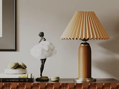 Table Lamp With Beige Pleated Shade Wooden Base Black Figurine White Cloud Decor And Books 3d model