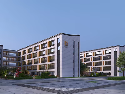 Modern Multi Story School Building Campus With Courtyard Greenery And Entrance Area 3d model