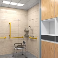 Public Restroom Interior With Tiled Walls Mirror Toilet Sink Yellow Grab Bars And Glass Partition