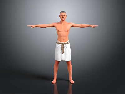 Shirtless Man with White Towel Wrapped Around Waist Standing with Arms Outstretched Against Gray Background 3d model